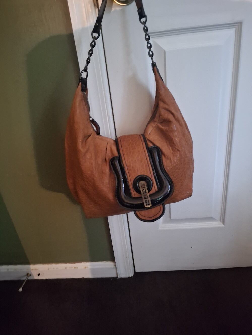 Fendi Tan Leather Shoulder Bag with Black Trim